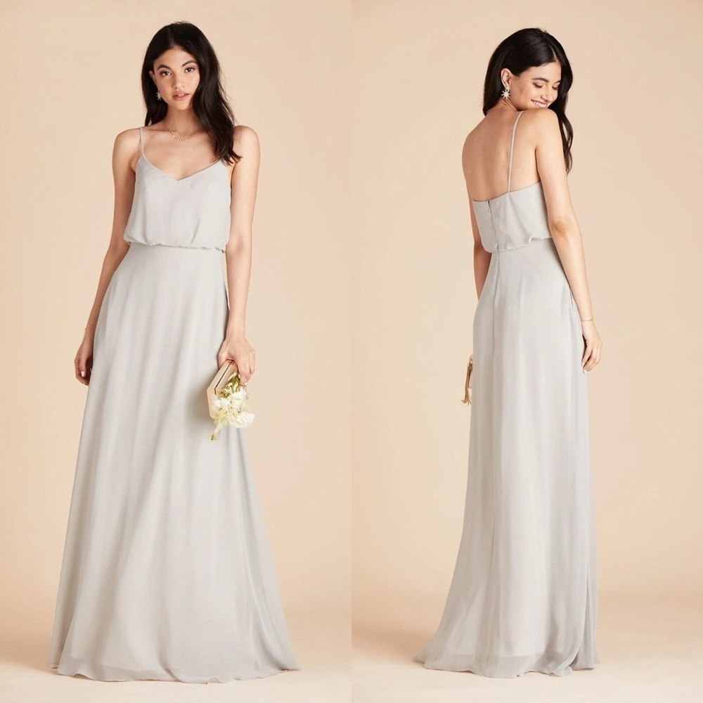 Birdy Grey Dress Gwennie Medium Dove Gray Chiffon Maxi Bridesmaid Formal V-Neck